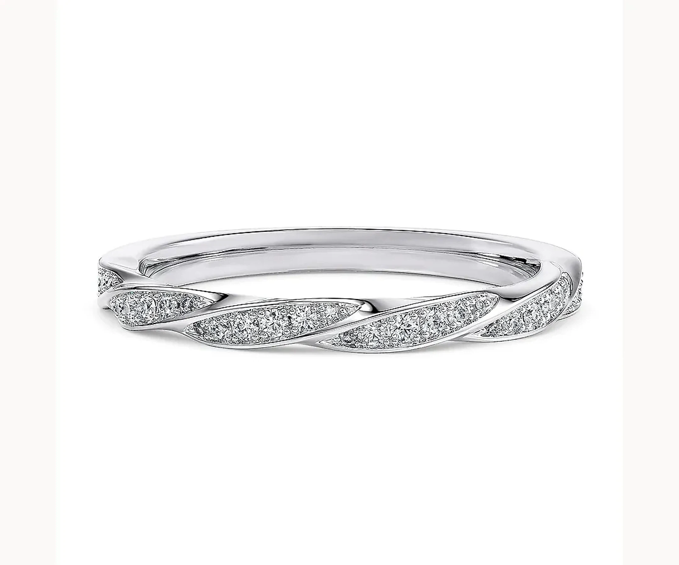 Armonía · Banda trenzada de tres hileras con pavé y motivos de hoja — Oro blanco 18k