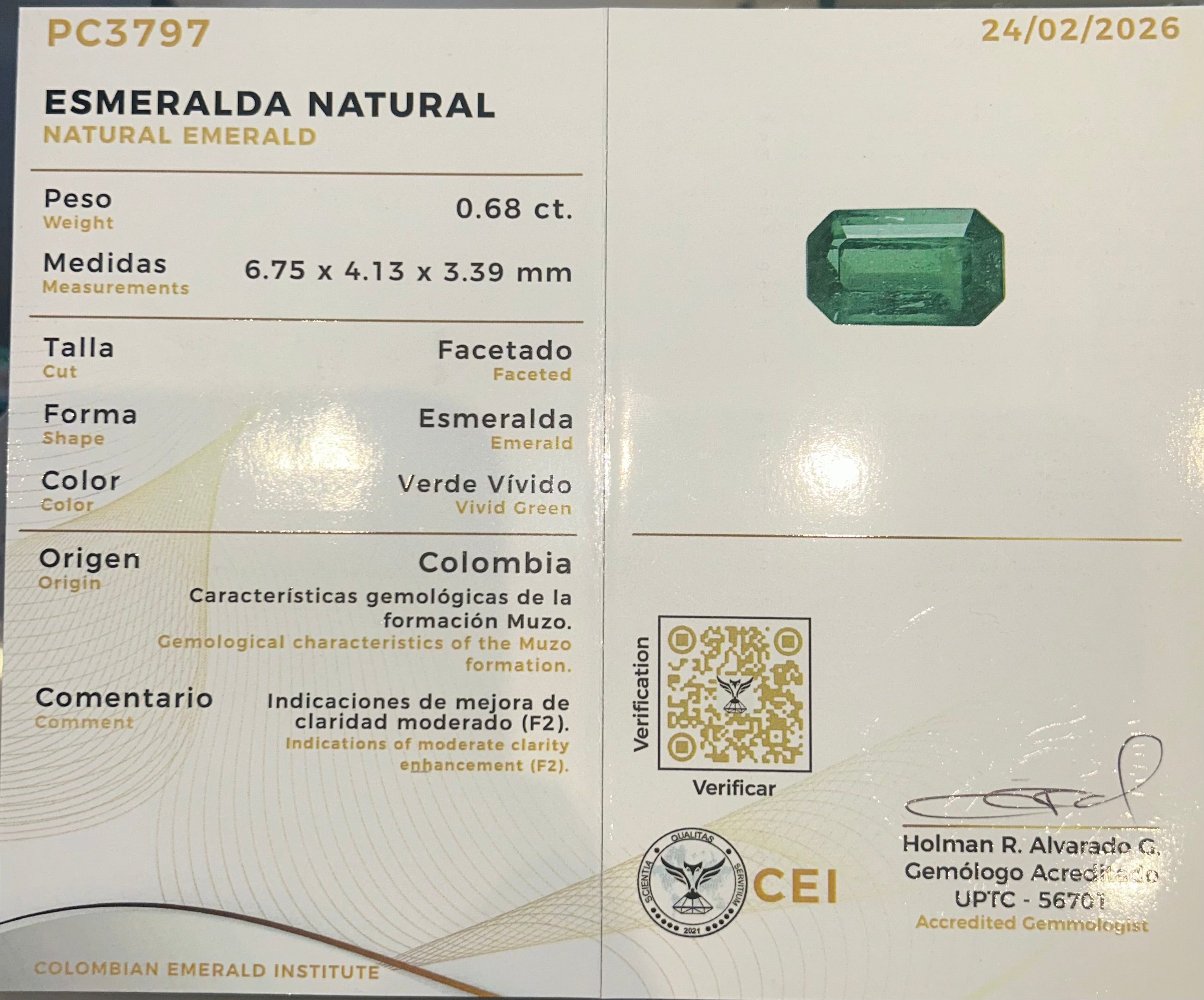 0.68ct Colombian Emerald Origen Muzo