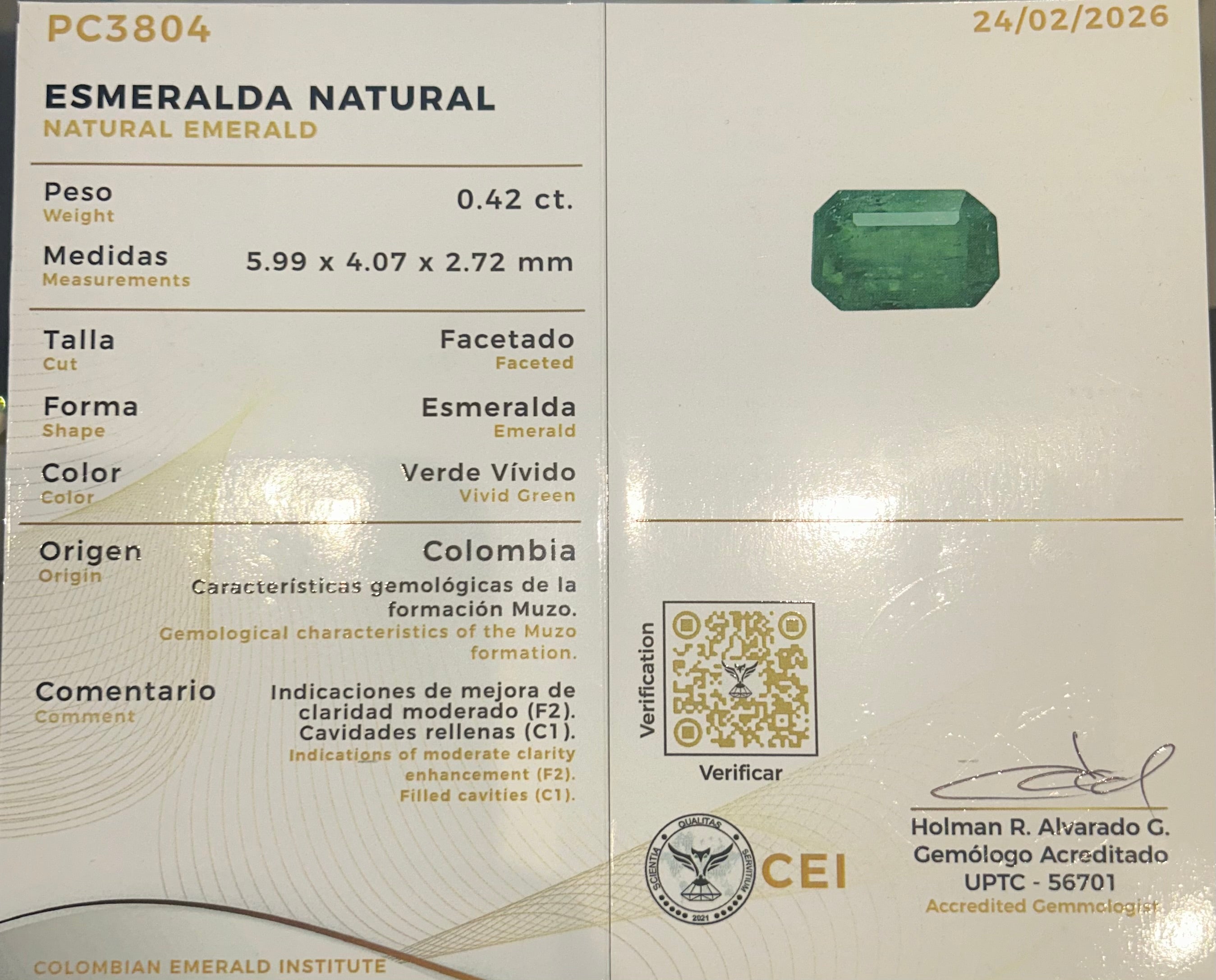 0.42ct Colombian Emerald Origen Muzo
