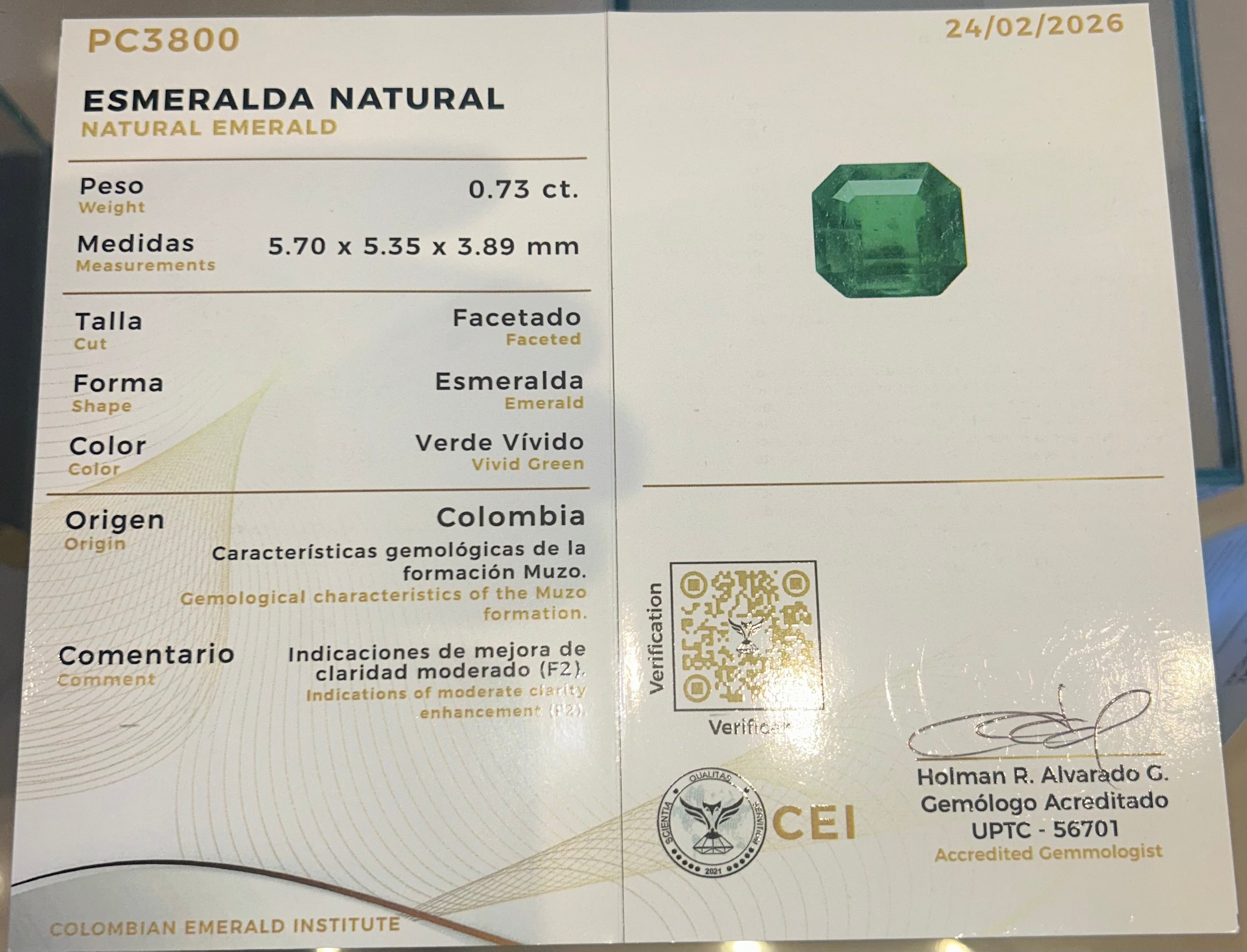 0.73ct Colombian Emerald Origen Muzo